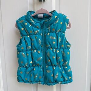 NWOT Healthtex 3T Girls Teal Puffer Vest with Metallic Gold Hearts & Feathers